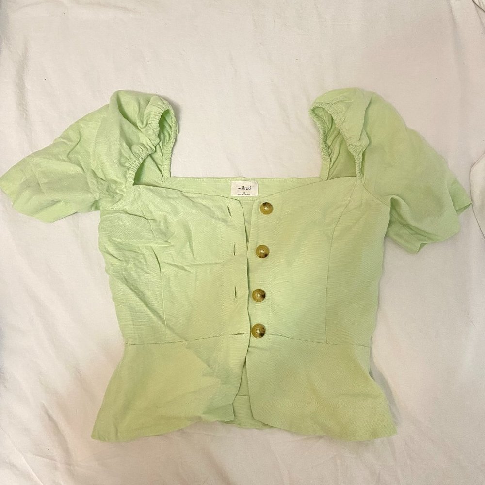 Aritzia Wilfred Janine Linen Puff Sleve Peplum Prairie Blouse